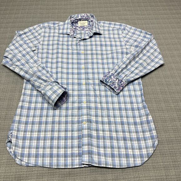 Ted Baker Endurance Shirt Mens 16‎ 34/35 Blue Plaid Contrast Flip Cuff Floral - Picture 1 of 13